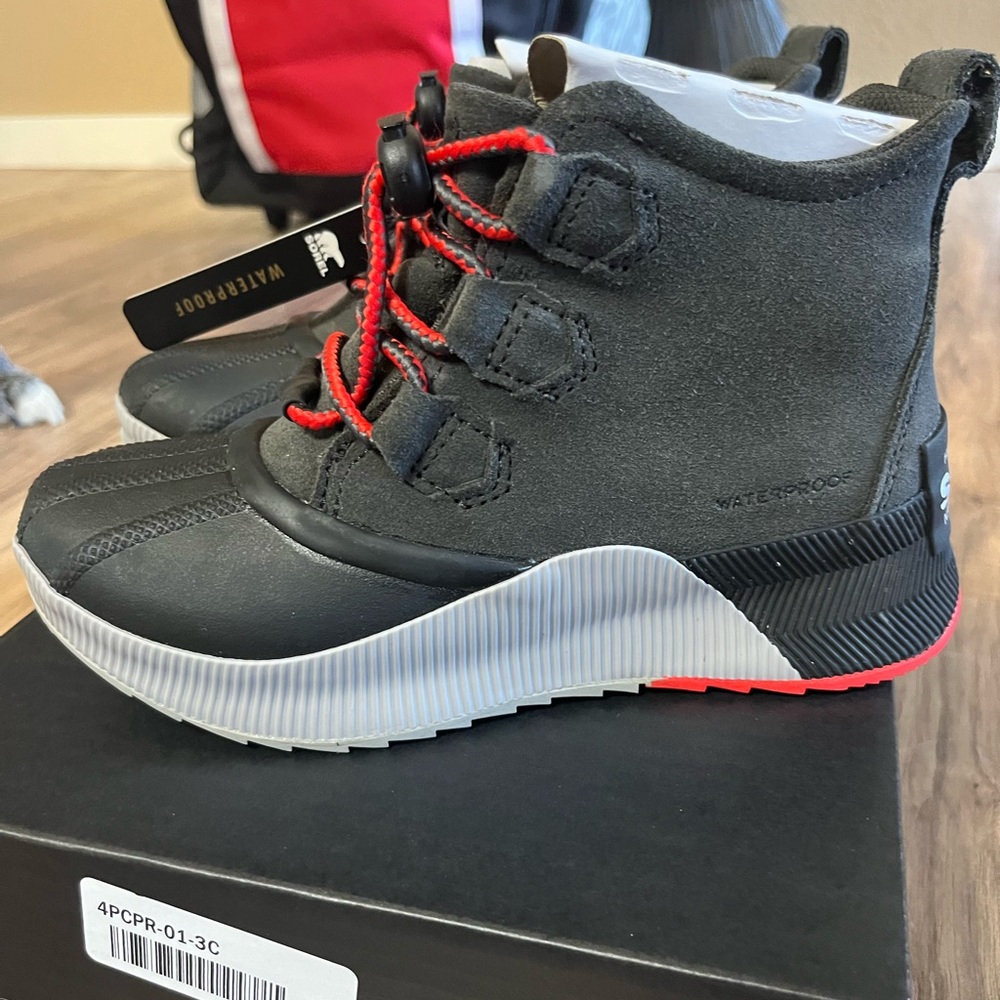 Sorel Kids Black and Red Waterproof Boots
